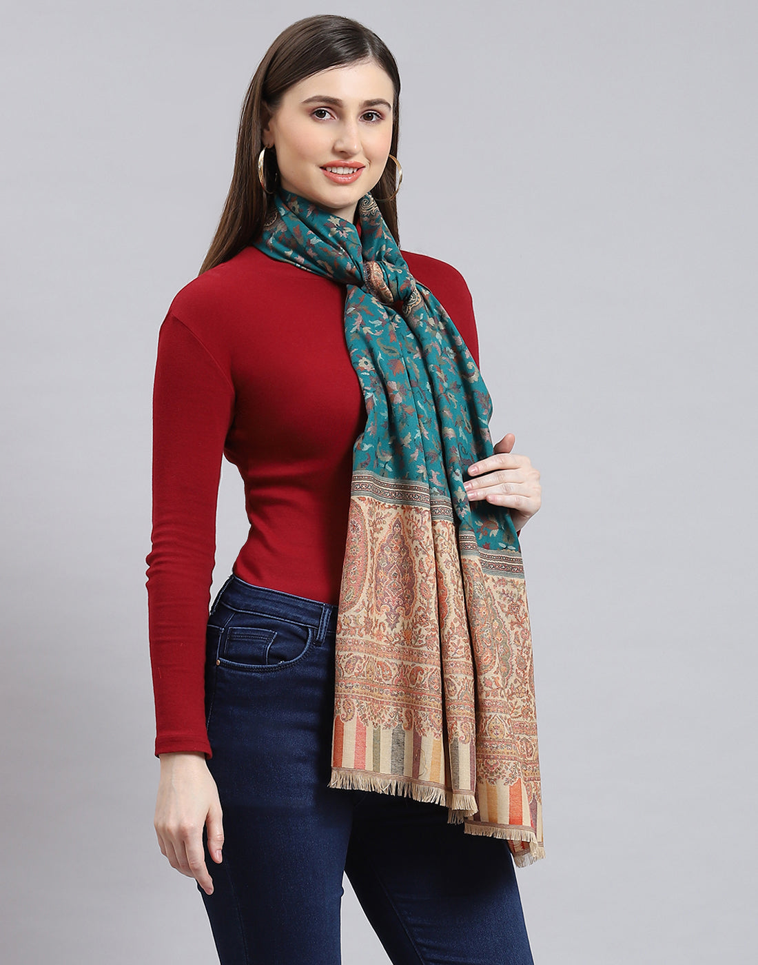 Women Turquoise Blue Self Design Stole