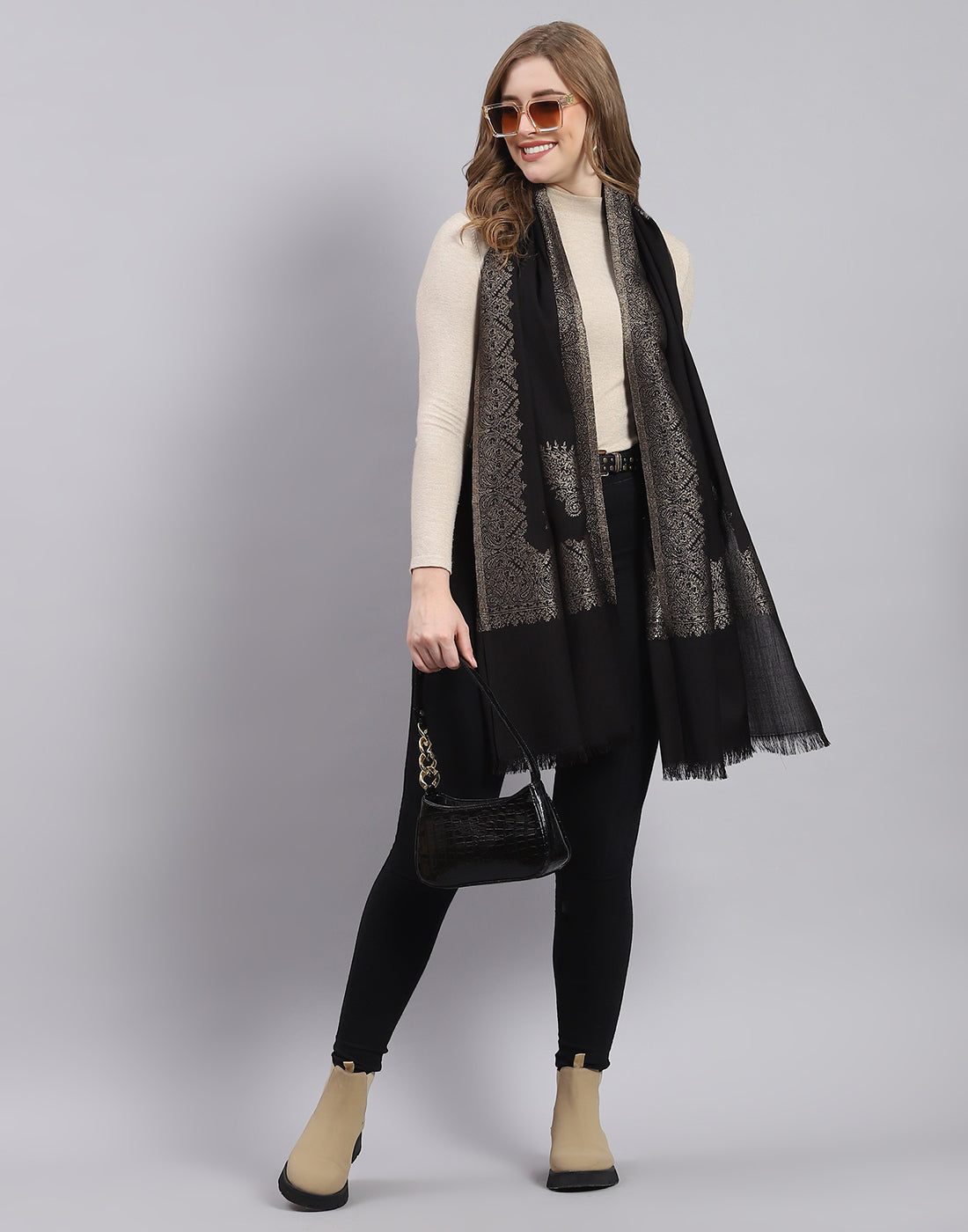 Women Black Self Design Stole