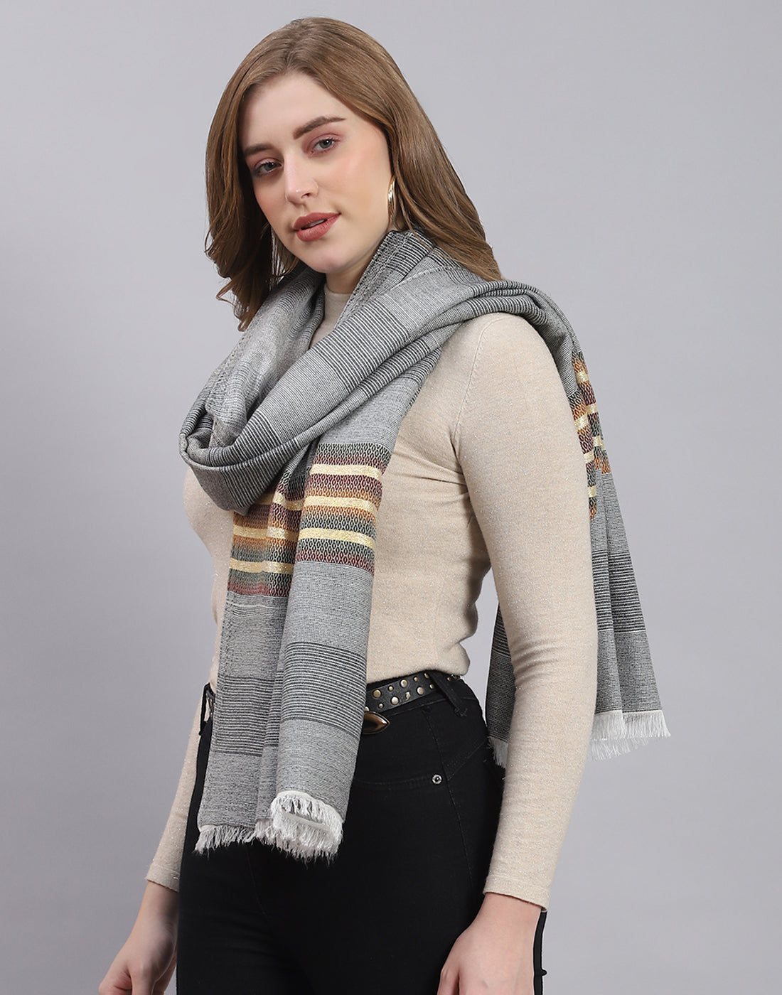 Women Grey Stripe Stole