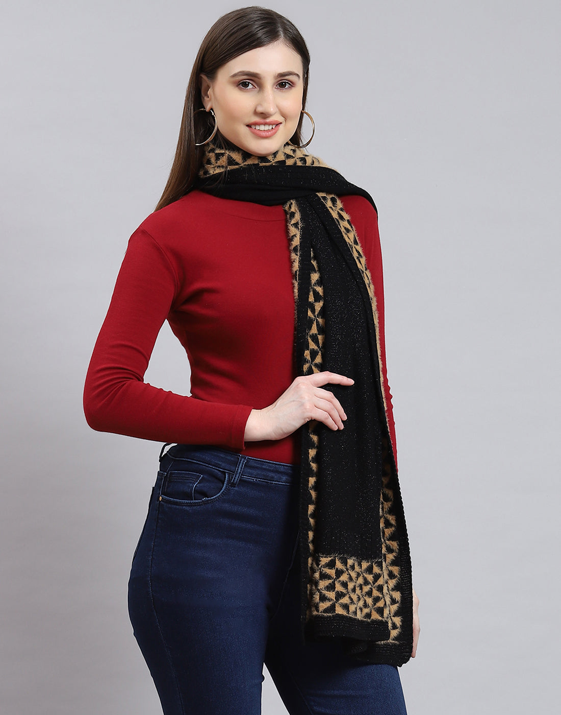 Women Black Self Design Stole