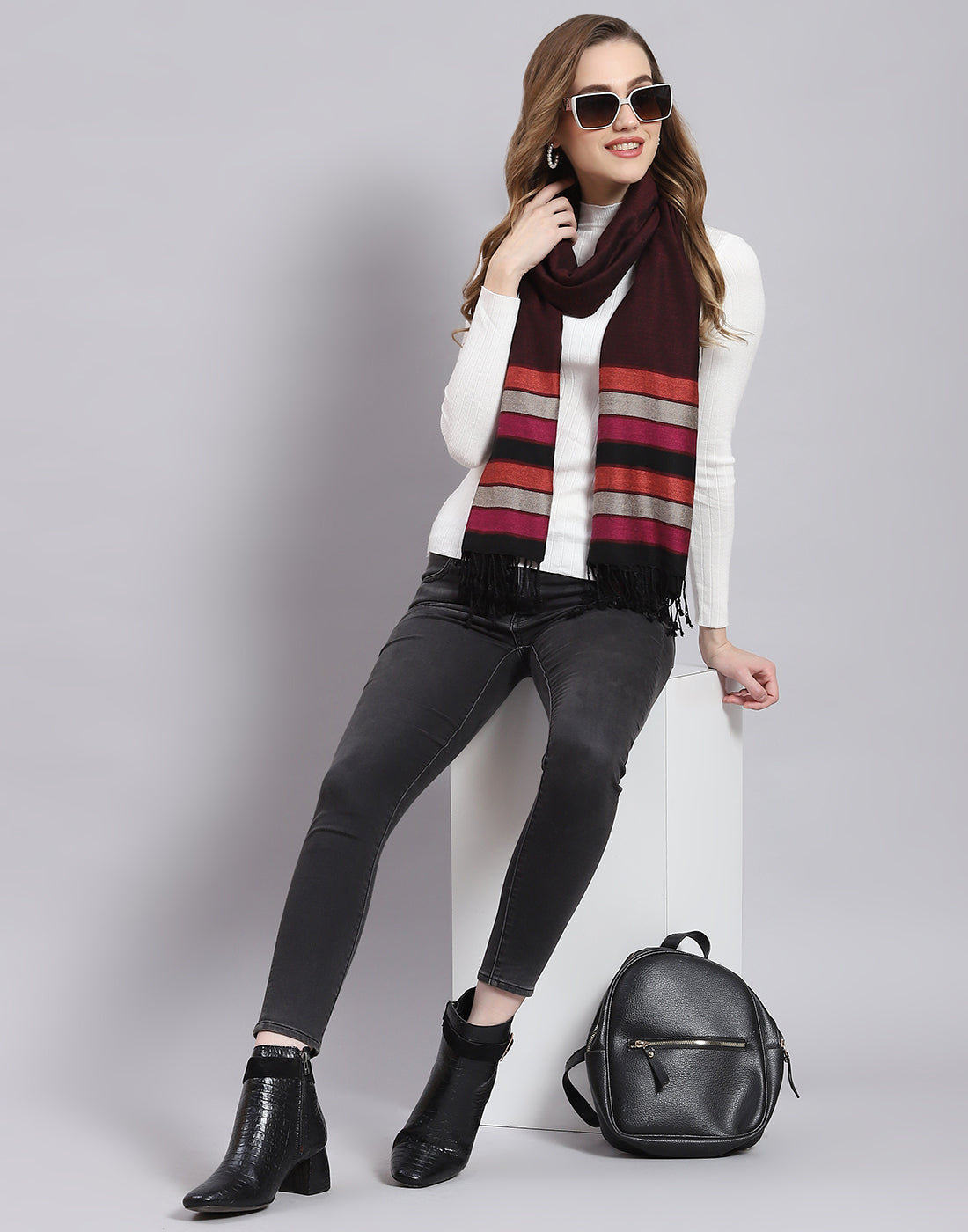 Women Maroon Self Design Stole