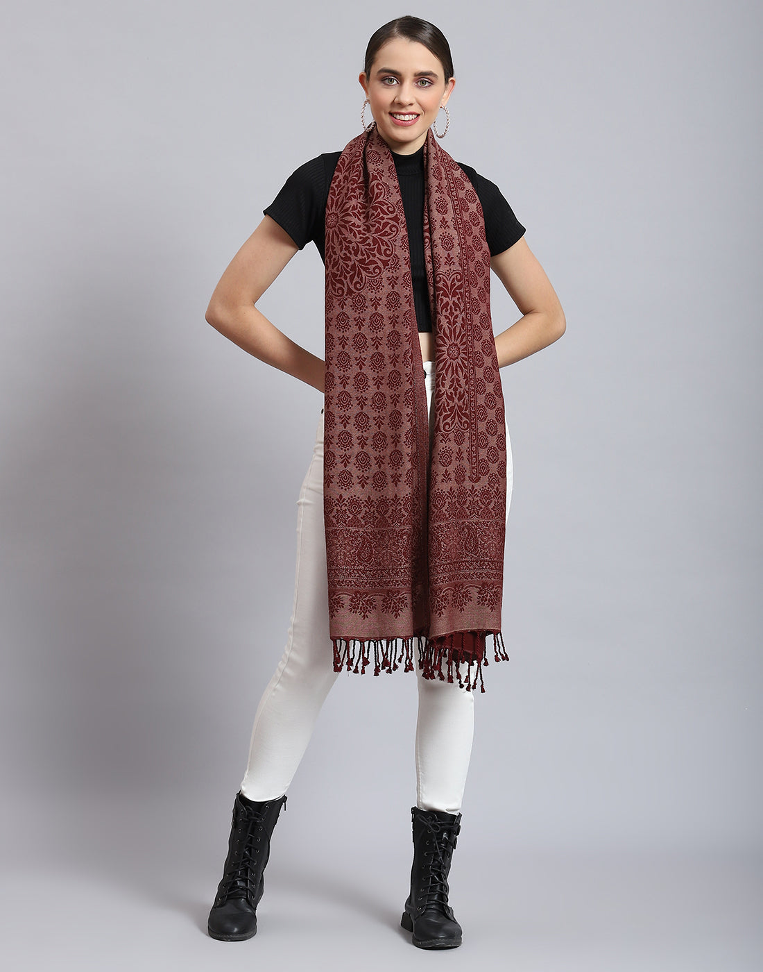 Women Red Self Design Stole