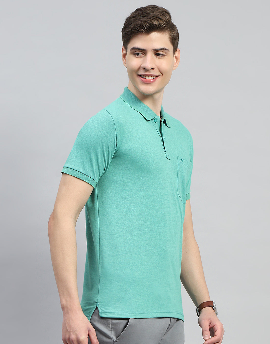 Men Turquoise Blue Solid Polo Collar Half Sleeve T-Shirt