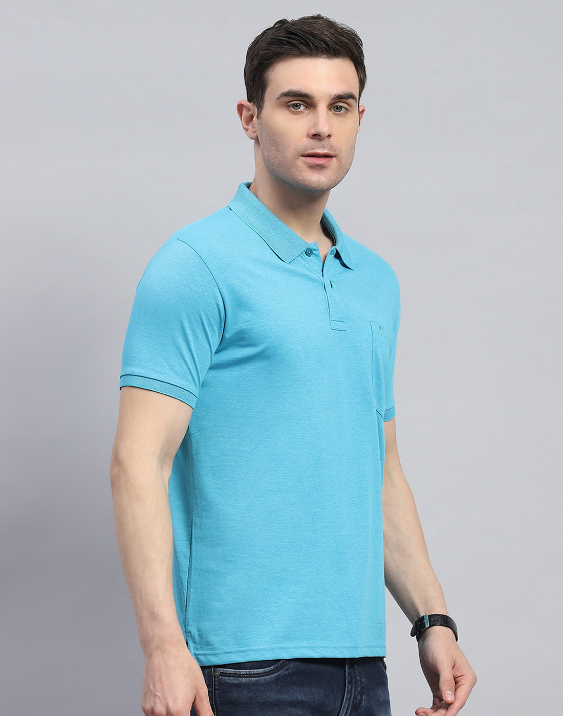 Men Blue Solid Polo Collar Half Sleeve T-Shirt