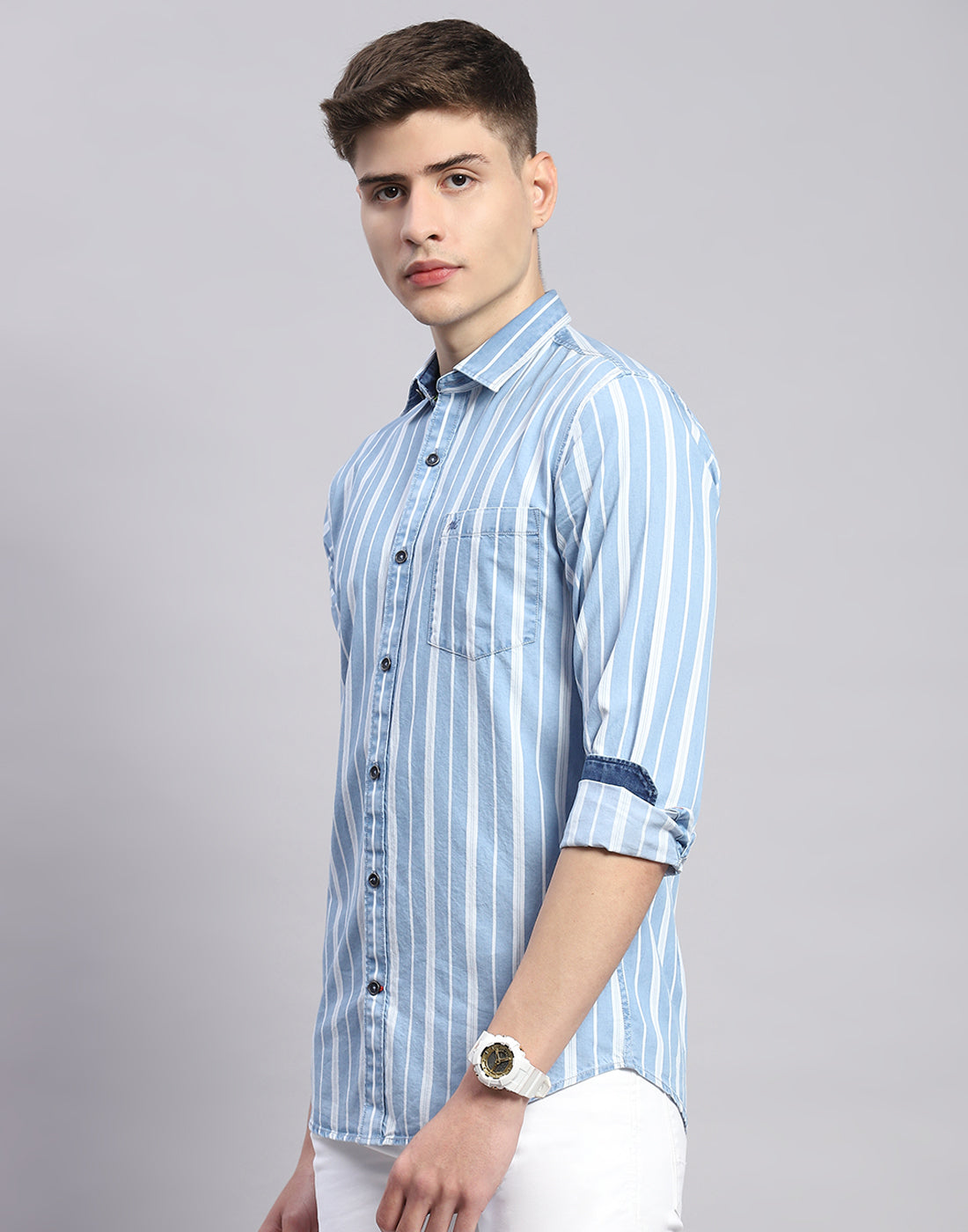 Men Blue Stripe Collar Full Sleeve Shirt