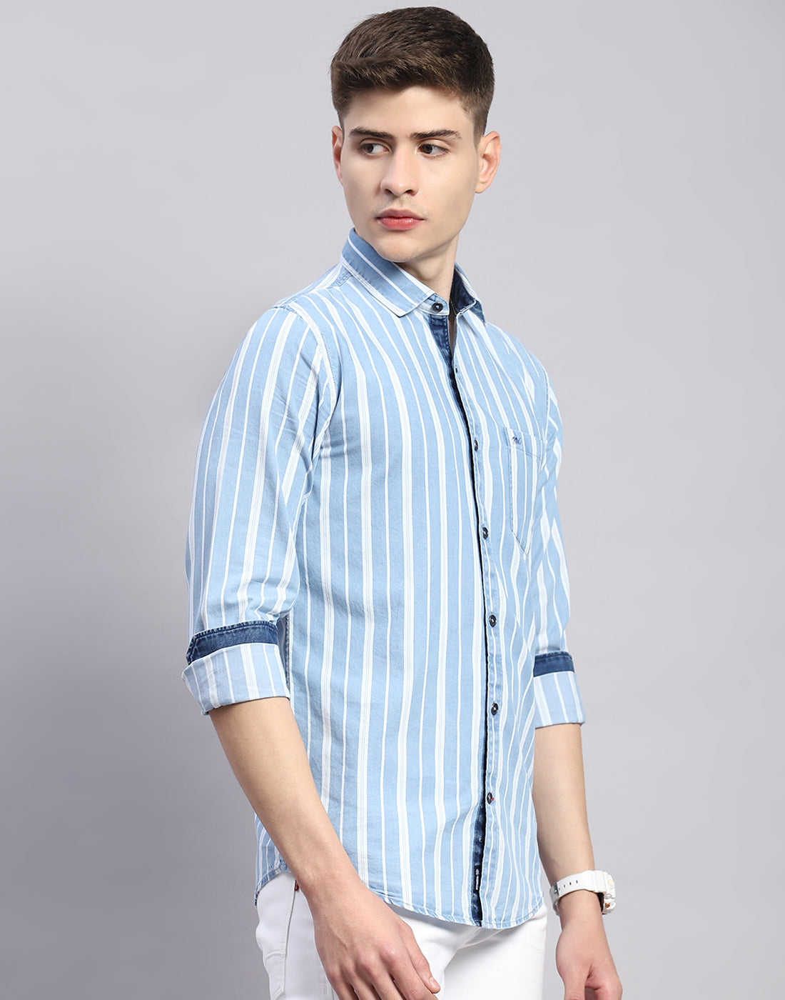 Men Blue Stripe Collar Full Sleeve Shirt