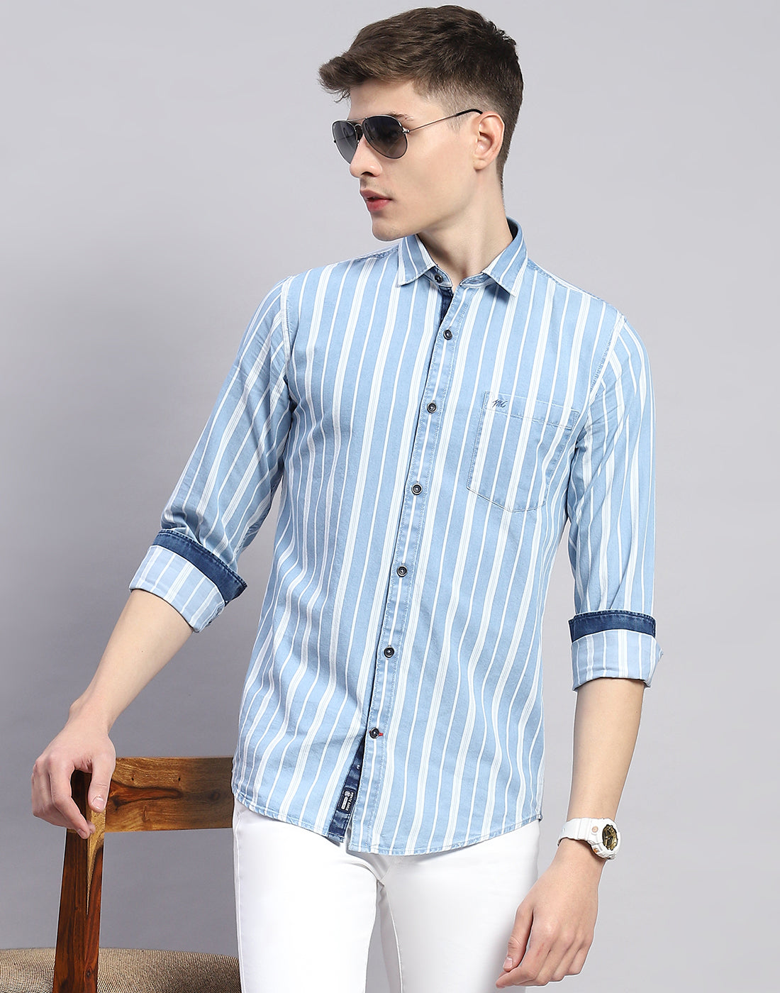 Men Blue Stripe Collar Full Sleeve Shirt