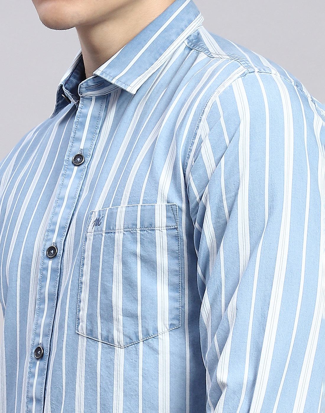 Men Blue Stripe Collar Full Sleeve Shirt