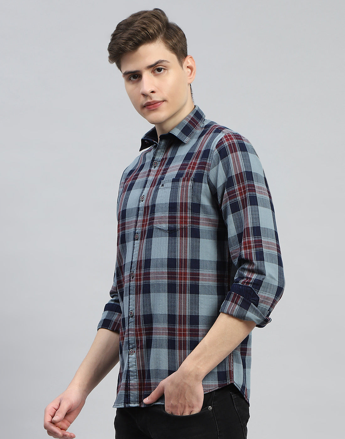 Men Grey Check Collar Full Sleeve Shirt