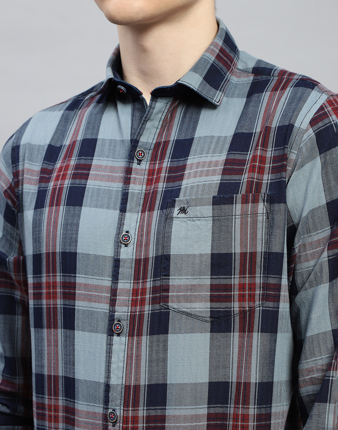 Men Grey Check Collar Full Sleeve Shirt