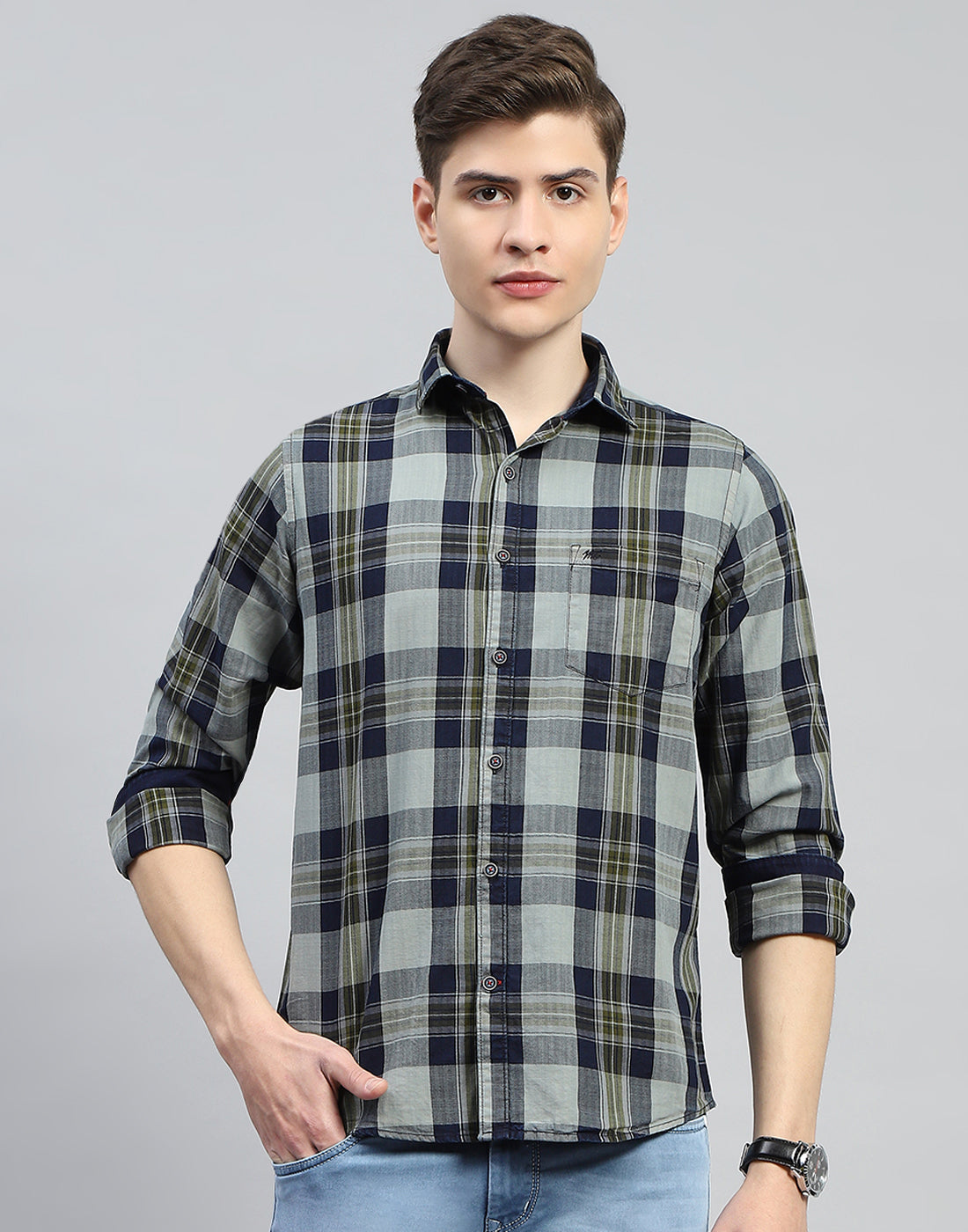 Men Olive Check Collar Full Sleeve Shirt