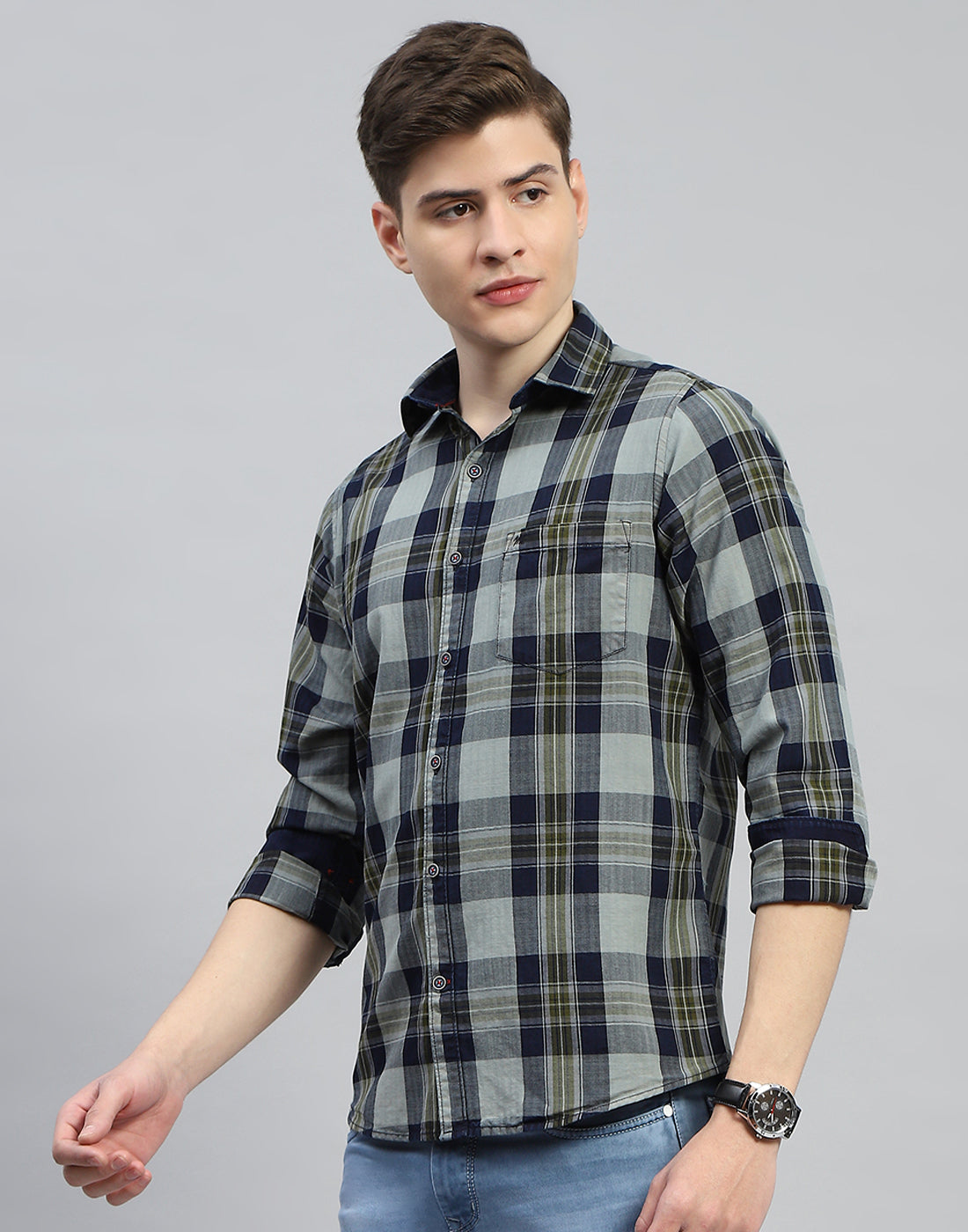 Men Olive Check Collar Full Sleeve Shirt