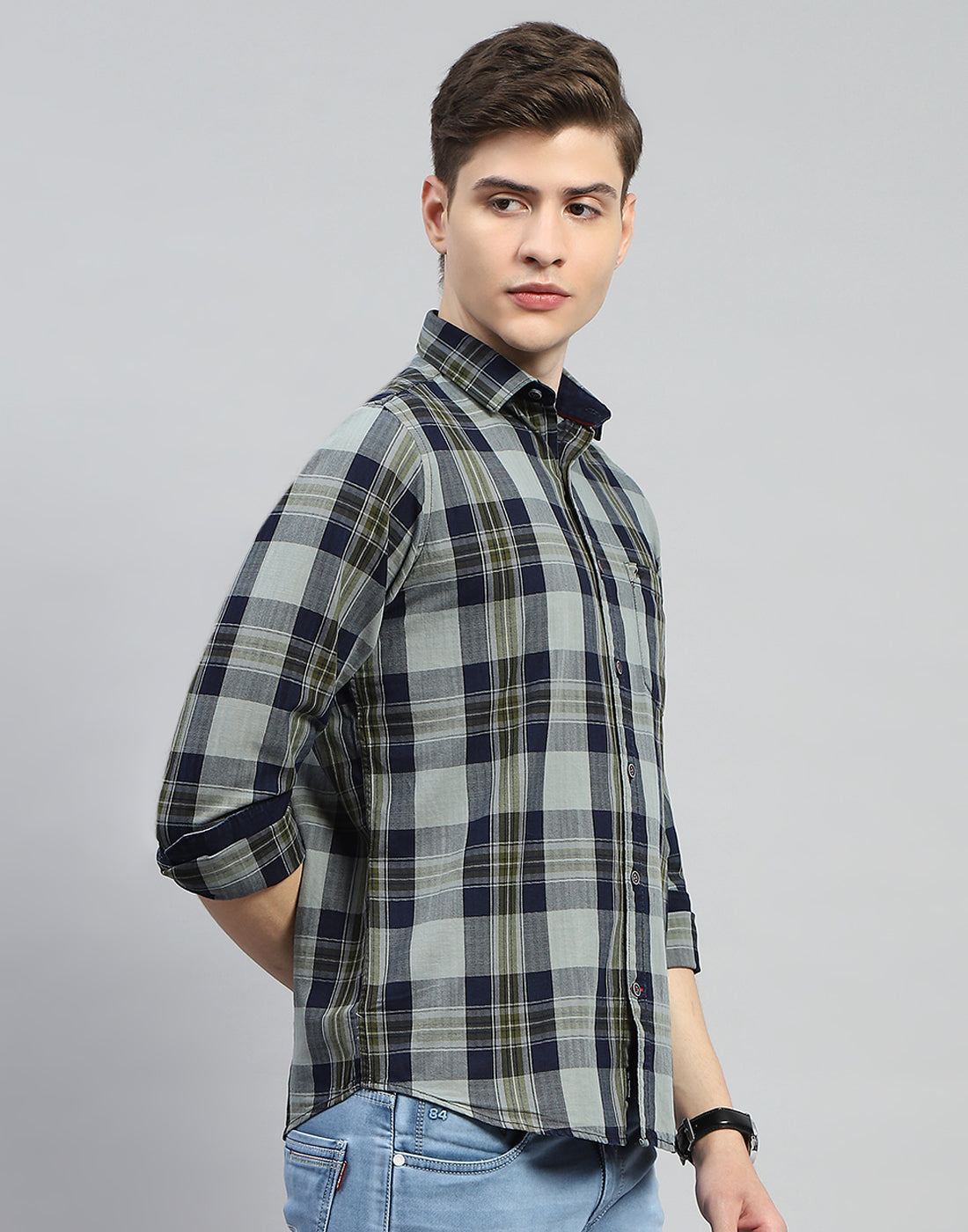 Men Olive Check Collar Full Sleeve Shirt