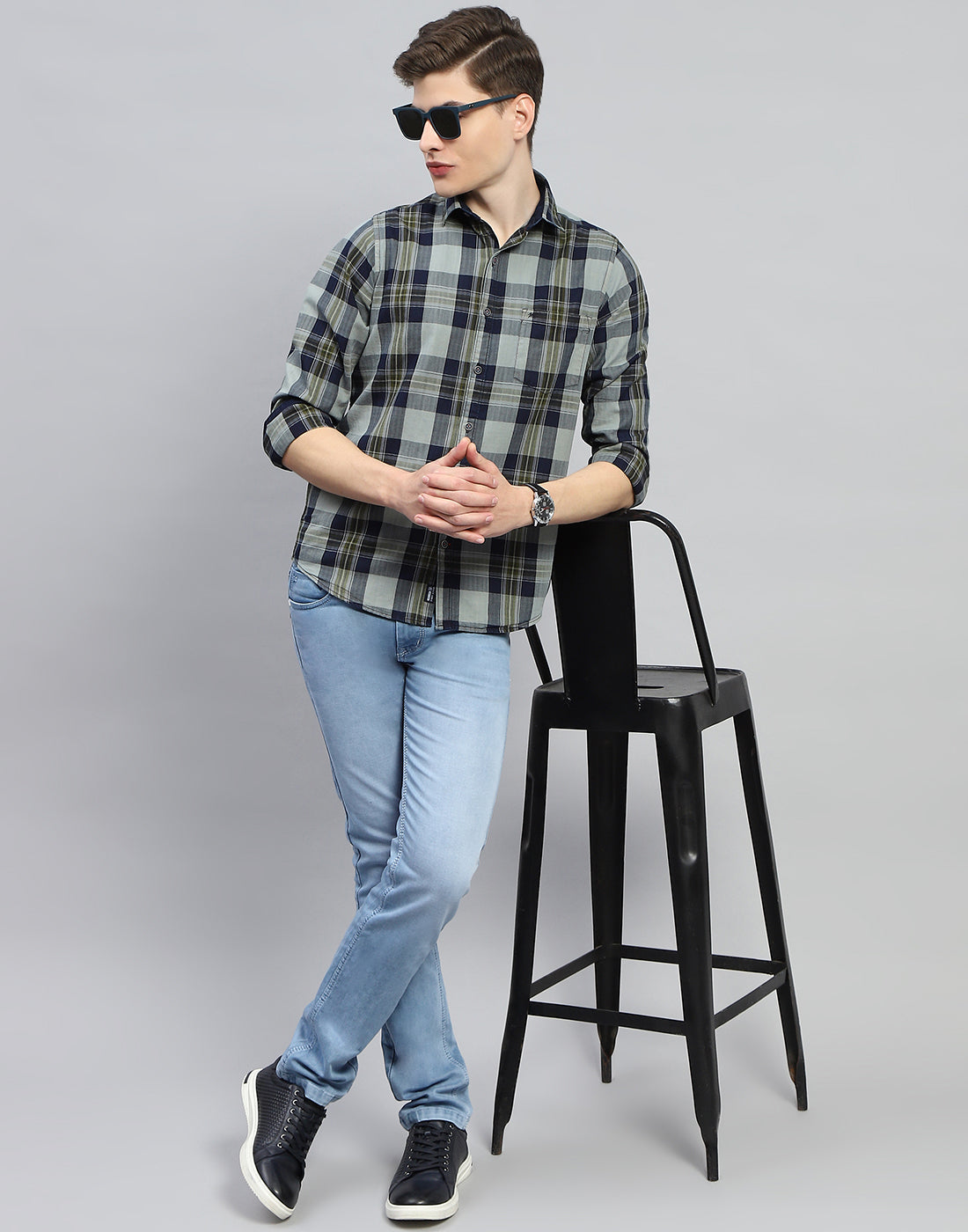 Men Olive Check Collar Full Sleeve Shirt