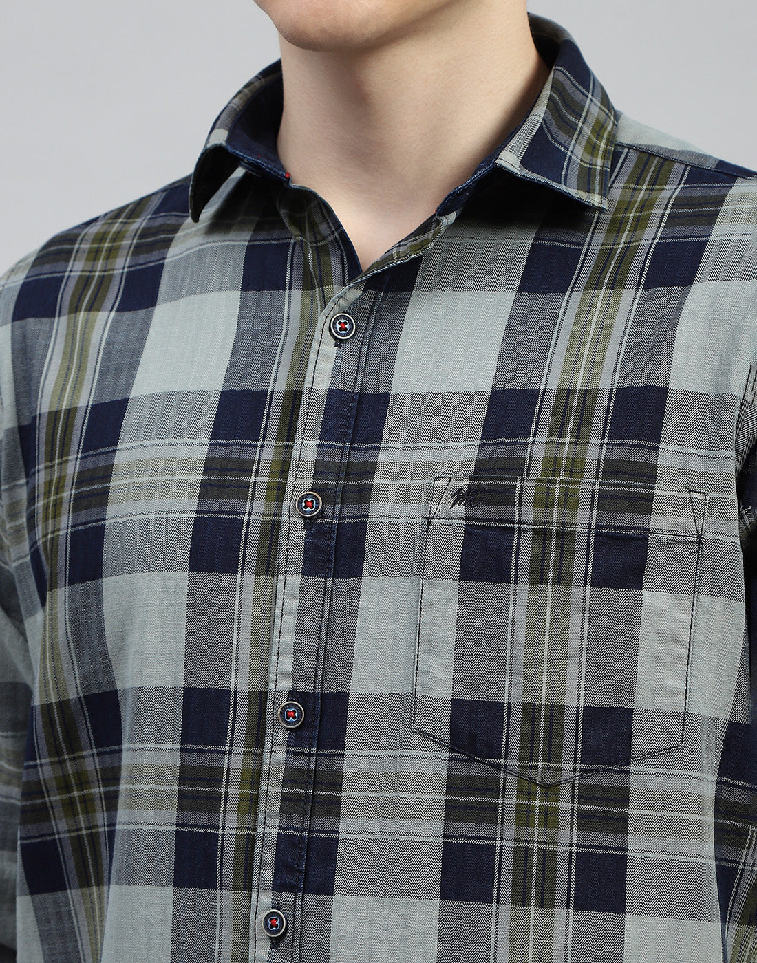 Men Olive Check Collar Full Sleeve Shirt