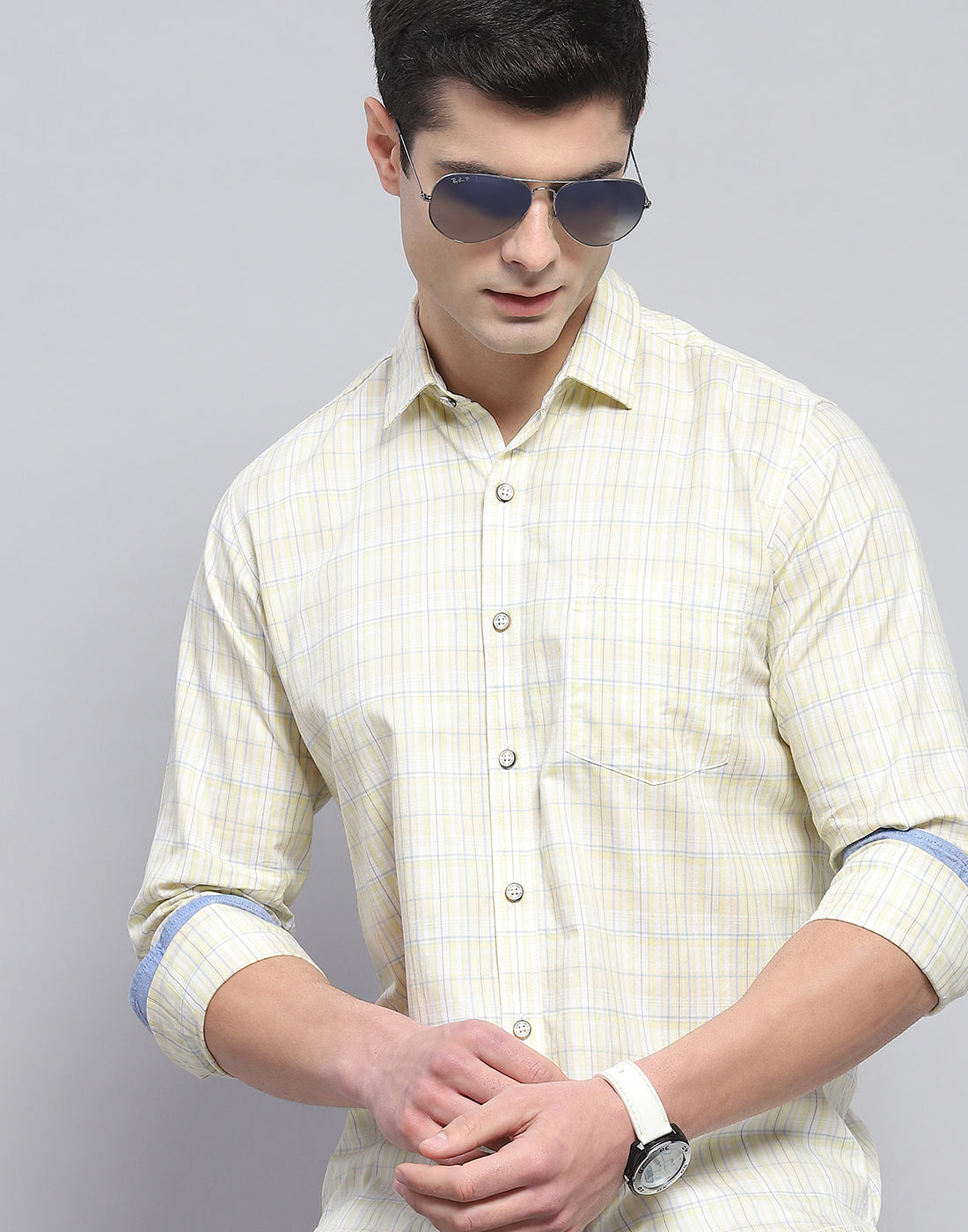 Men Yellow Check Collar Full Sleeve Shirt