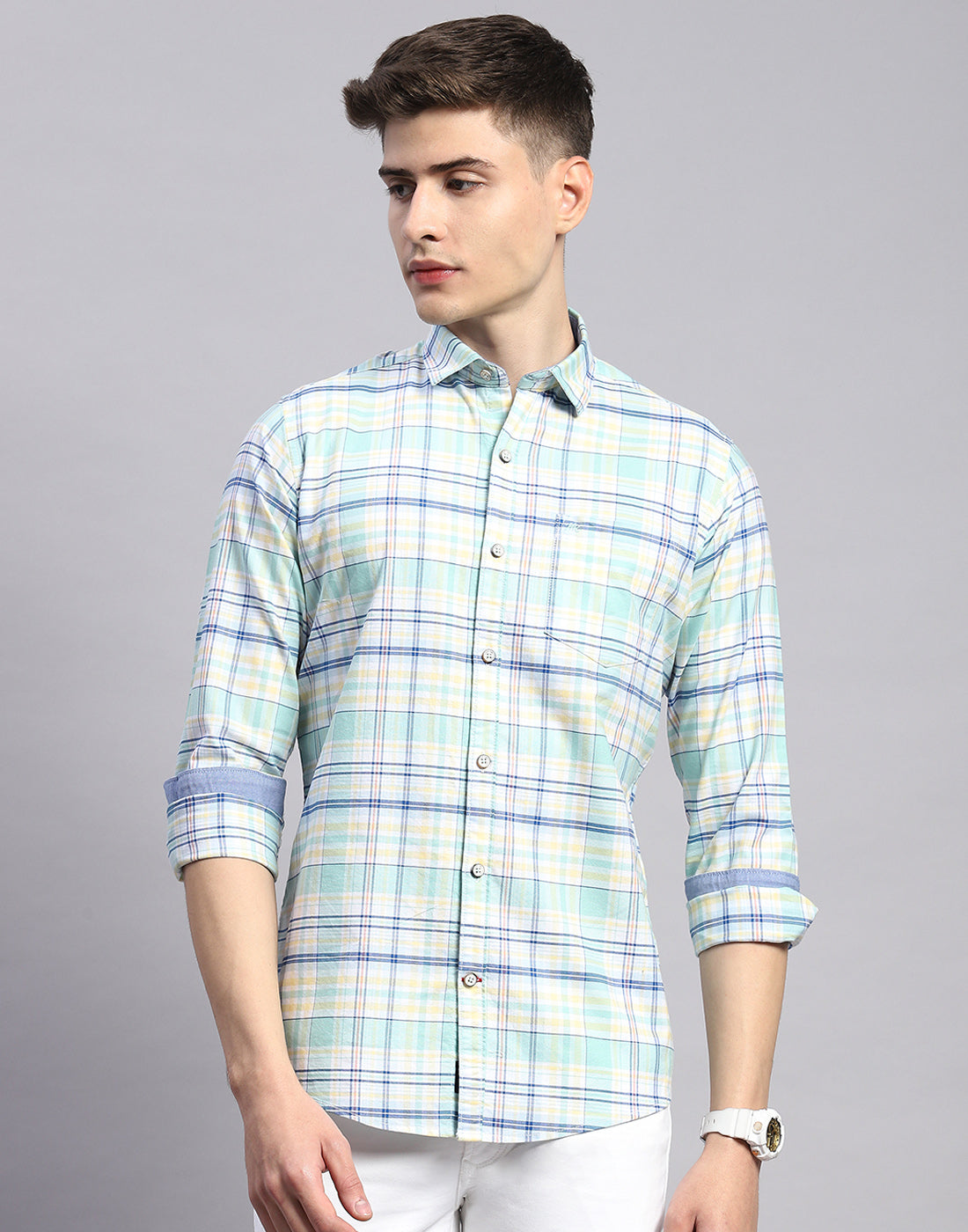 Men Green Check Collar Full Sleeve Shirt