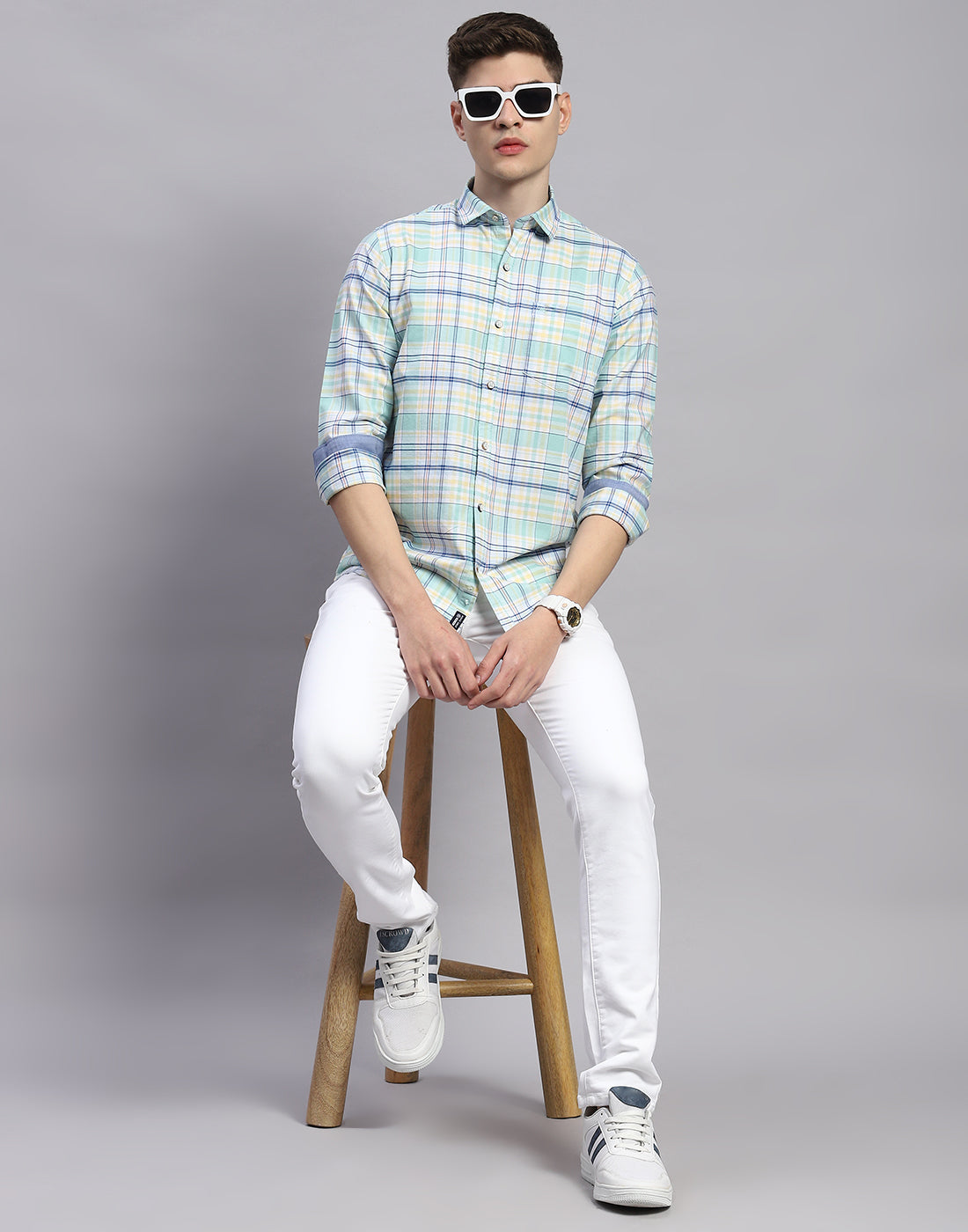 Men Green Check Collar Full Sleeve Shirt