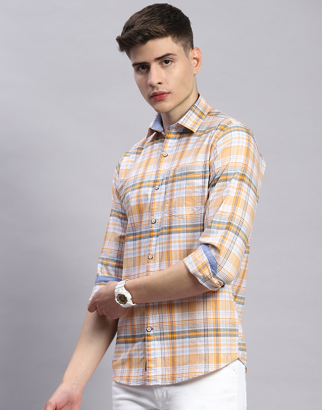 Men Orange Check Collar Full Sleeve Shirt