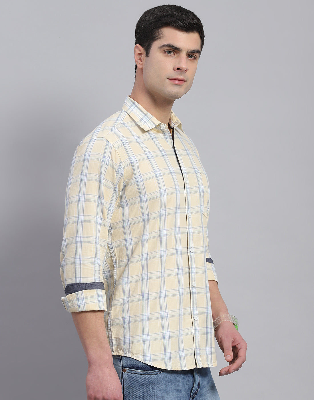 Men Beige Check Collar Full Sleeve Shirt