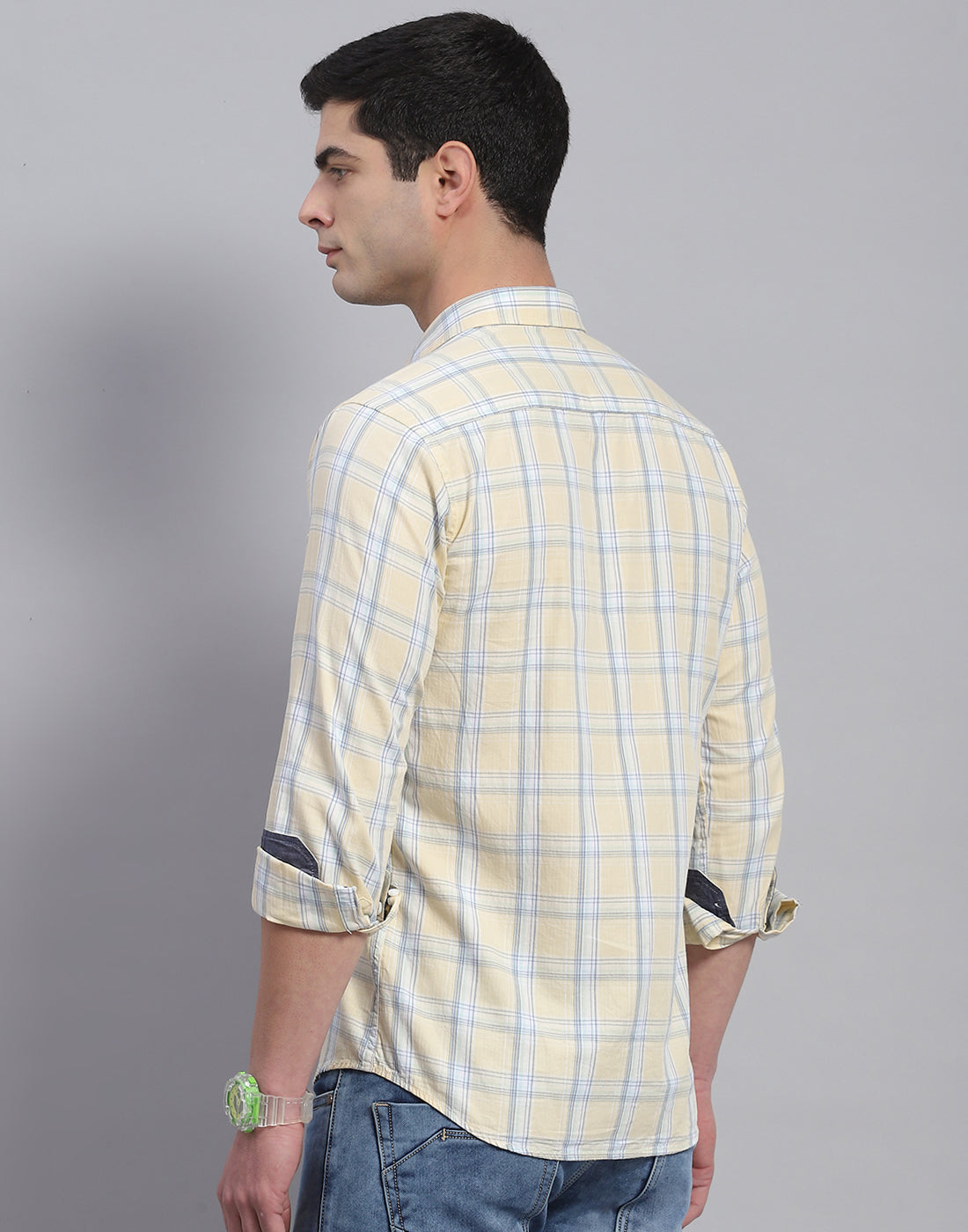 Men Beige Check Collar Full Sleeve Shirt