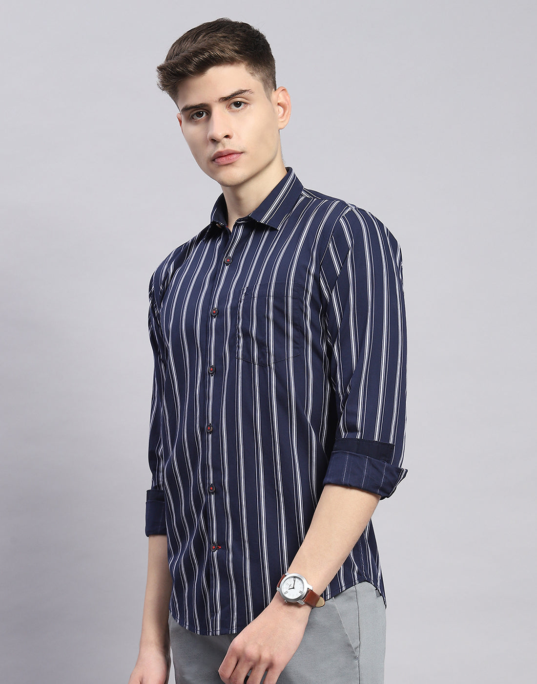 Men Navy Blue Stripe Collar Full Sleeve Shirt