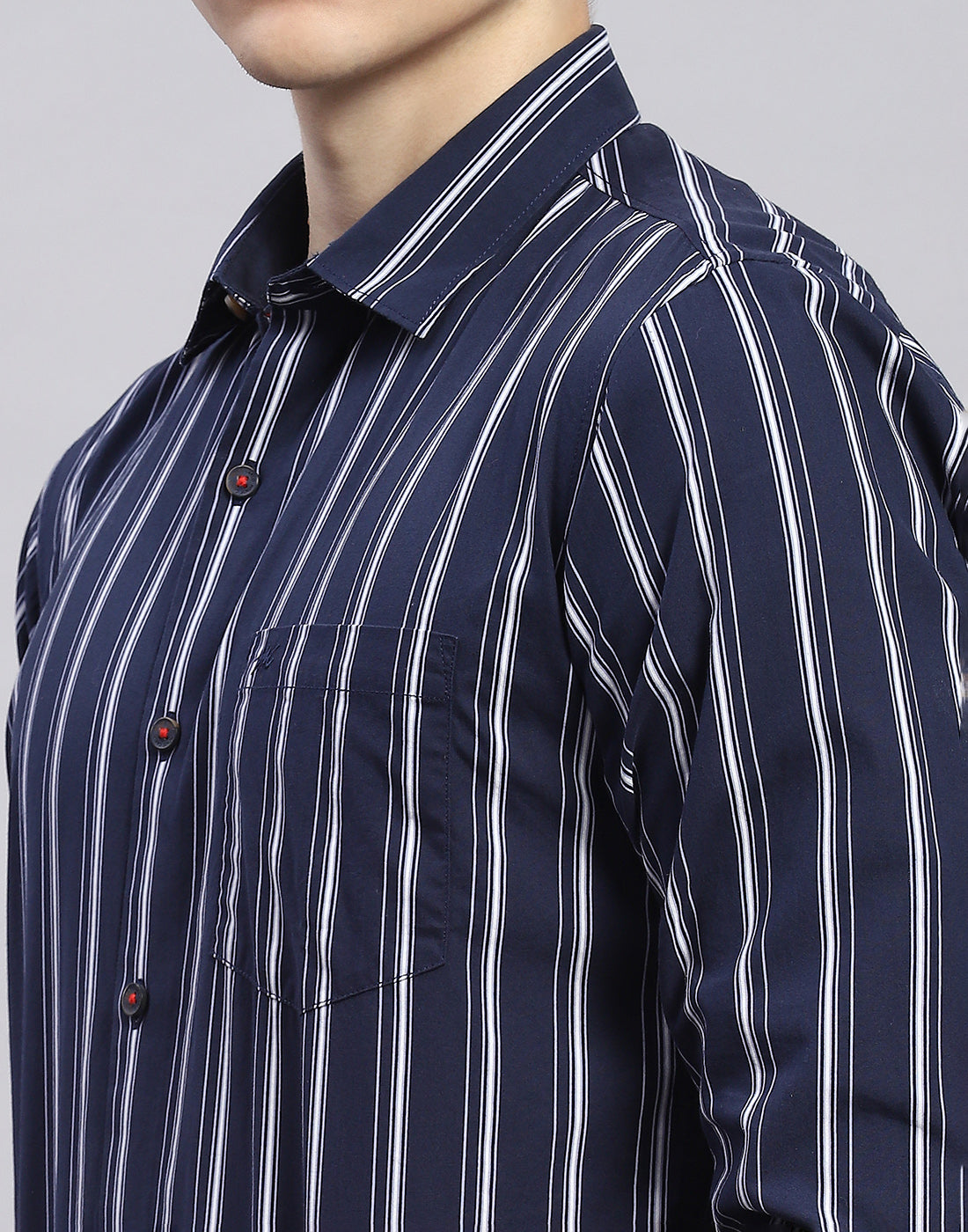 Men Navy Blue Stripe Collar Full Sleeve Shirt