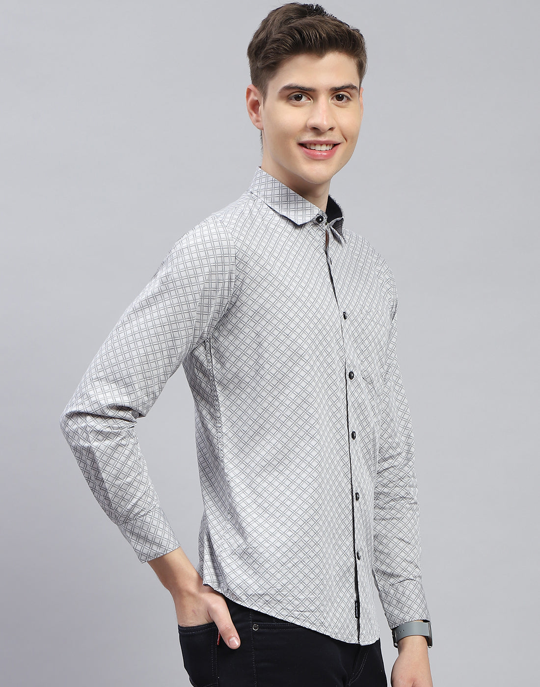 Men Grey Printed Spread Collar Full Sleeve Shirt