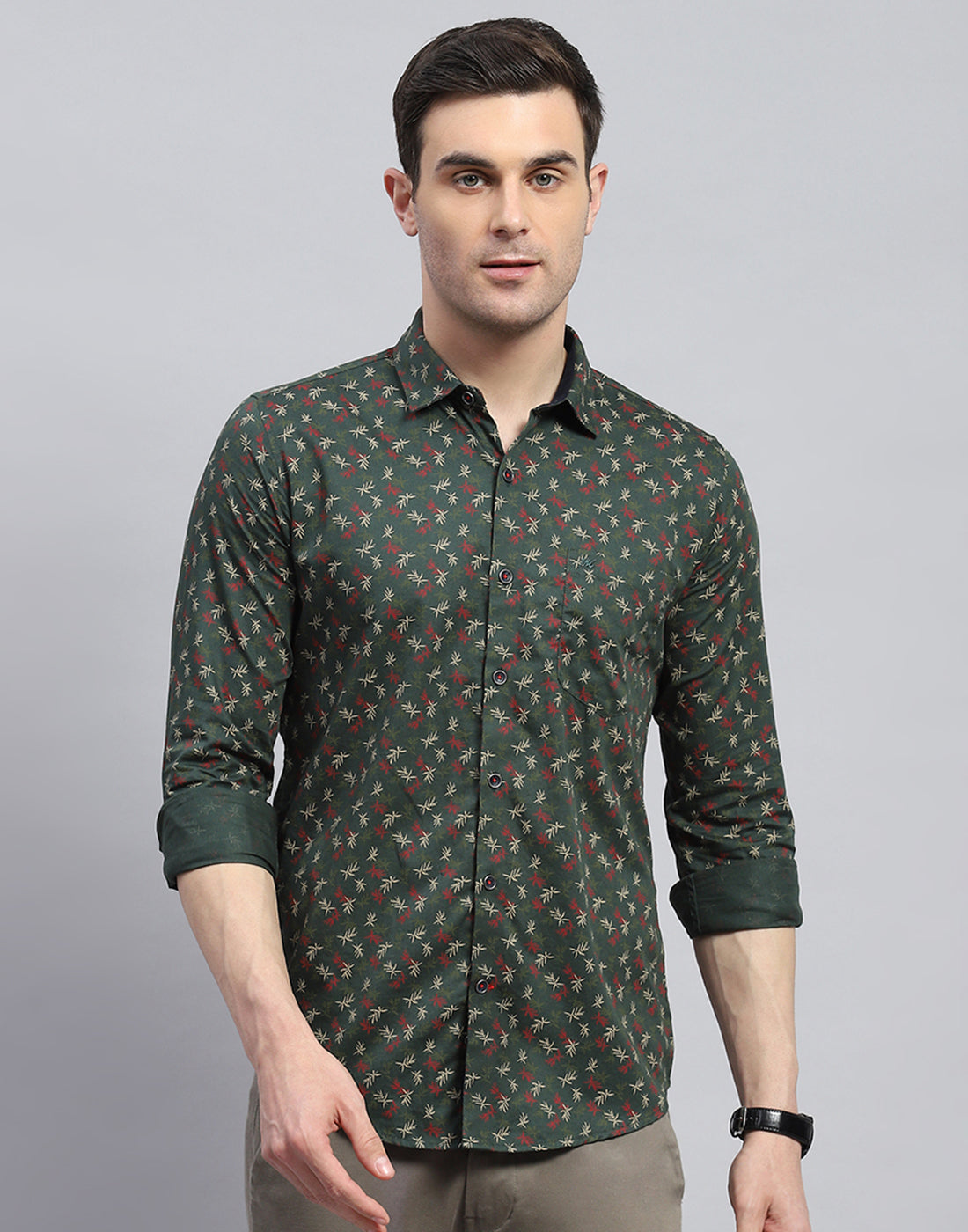 Men Green Printed Spread Collar Full Sleeve Shirt