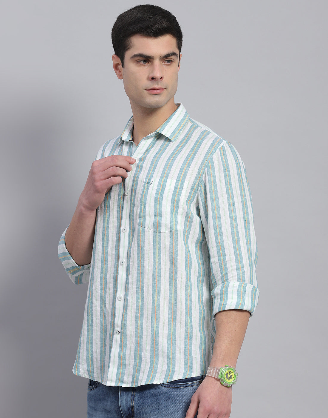Men Green Stripe Collar Full Sleeve Linen Shirt