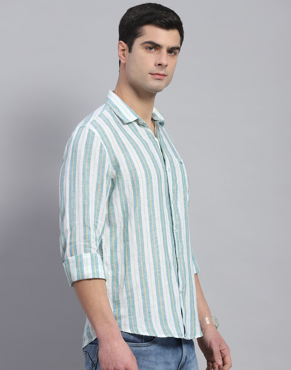 Men Green Stripe Collar Full Sleeve Linen Shirt