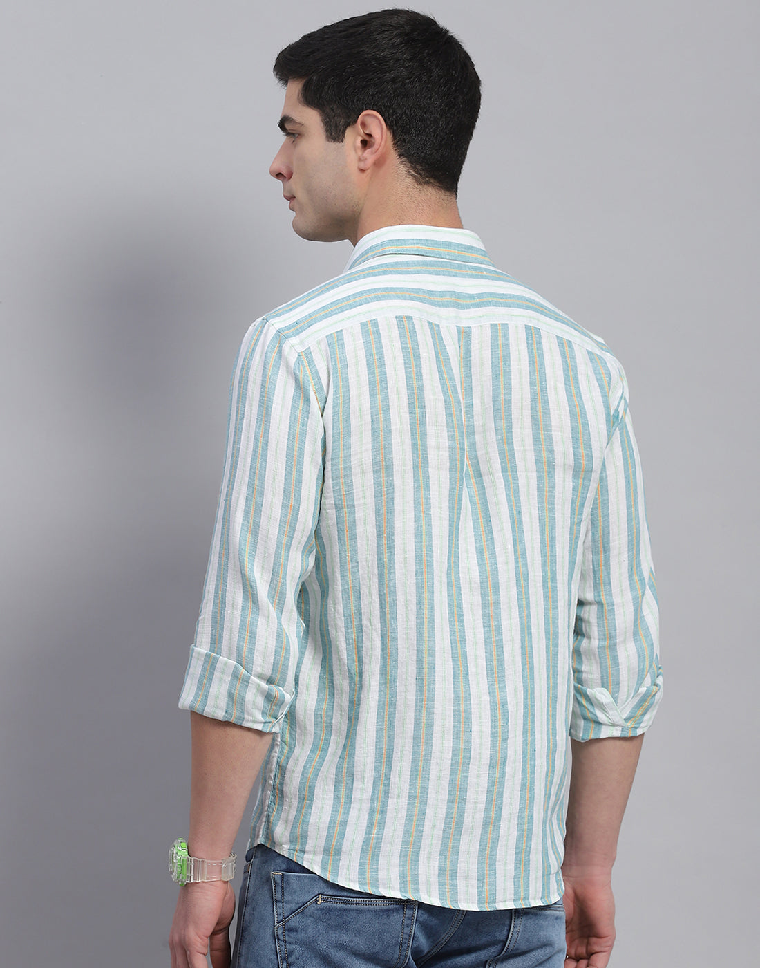 Men Green Stripe Collar Full Sleeve Linen Shirt