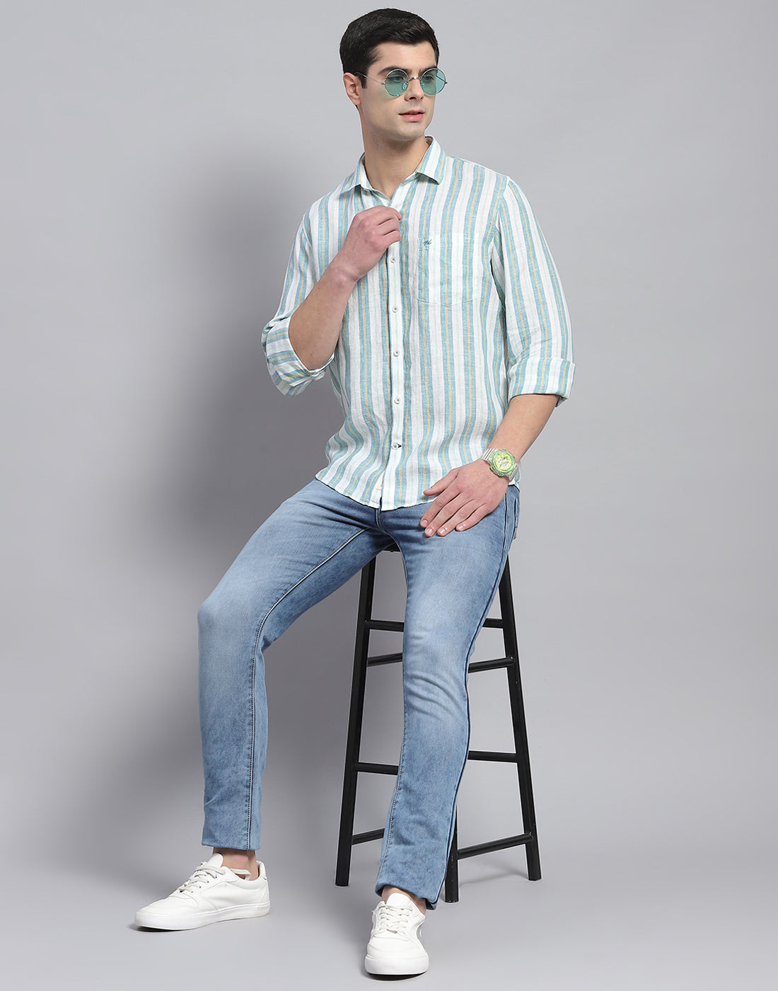 Men Green Stripe Collar Full Sleeve Linen Shirt