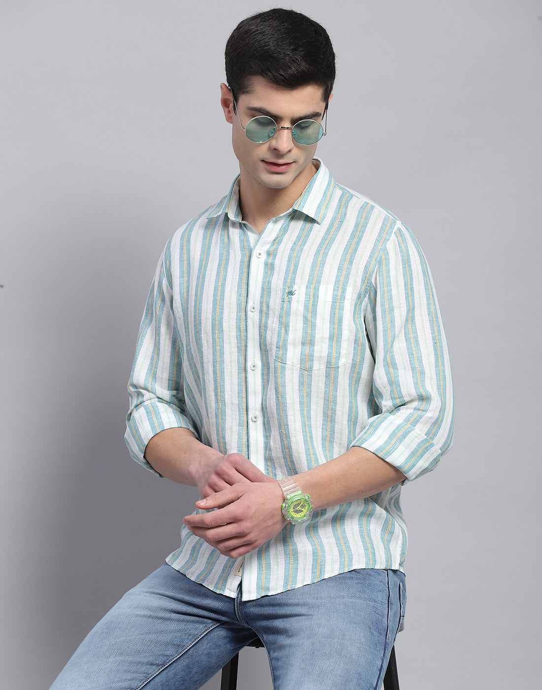 Men Green Stripe Collar Full Sleeve Linen Shirt
