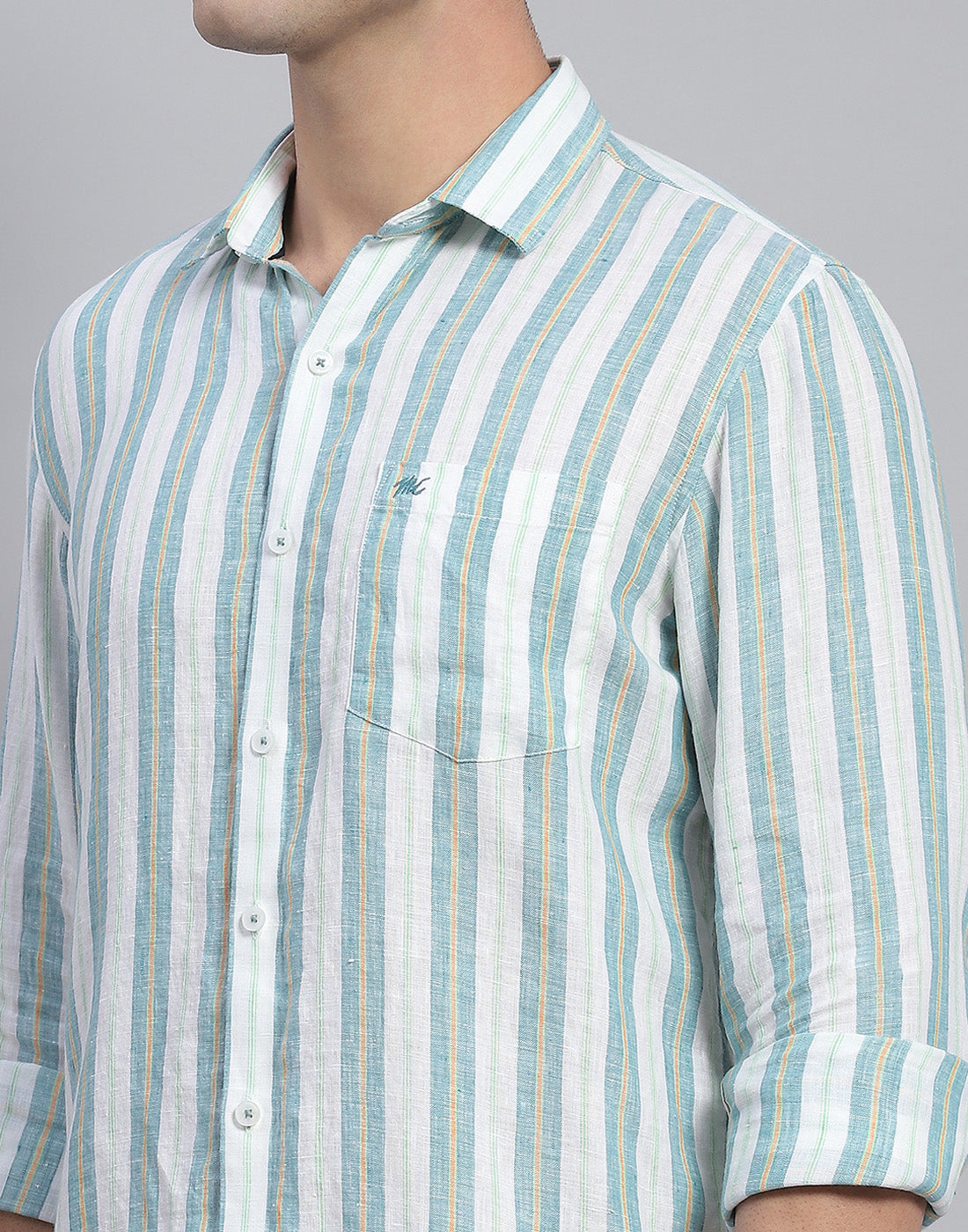 Men Green Stripe Collar Full Sleeve Linen Shirt