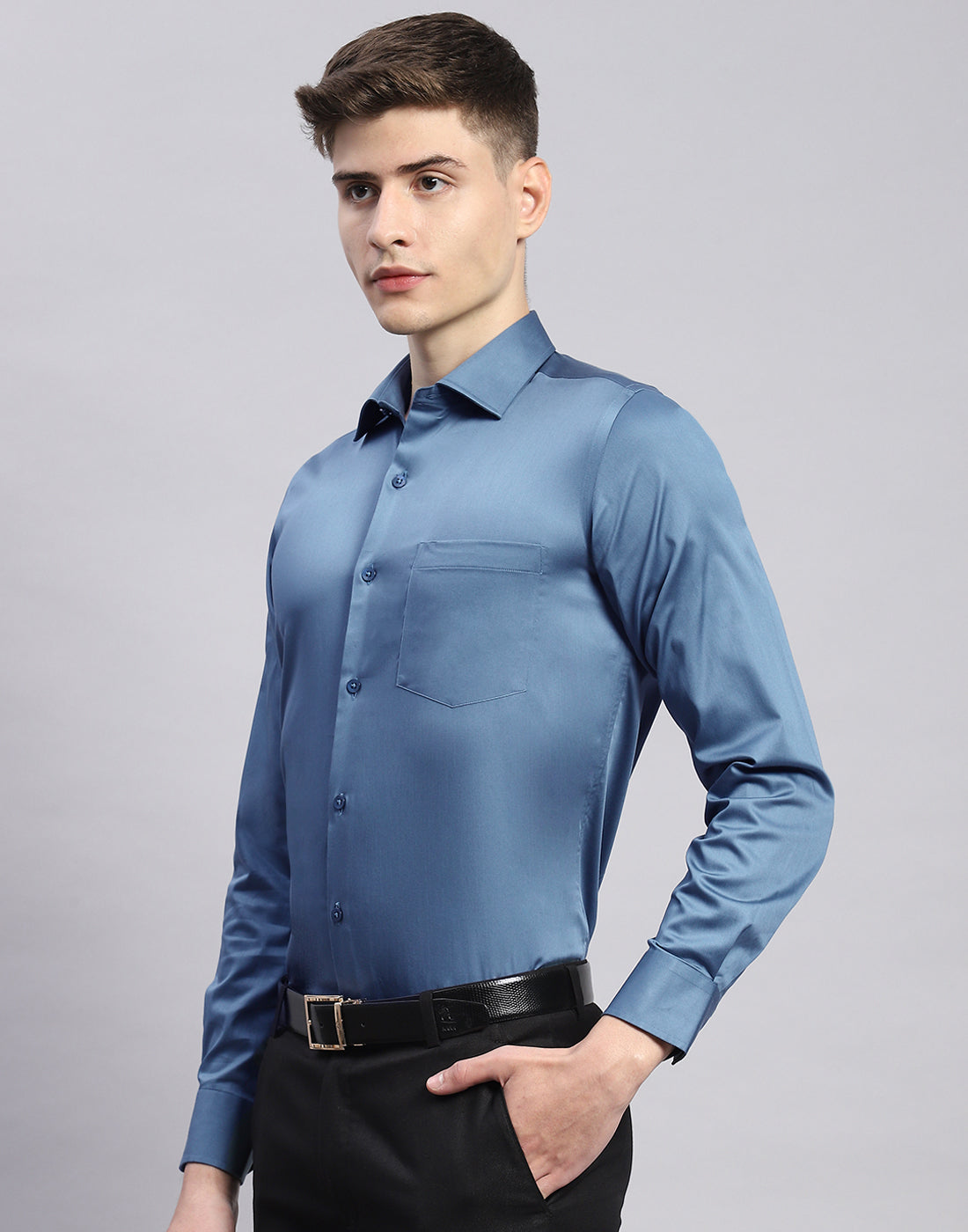 Men Teal Blue Solid Collar Full Sleeve Shirt