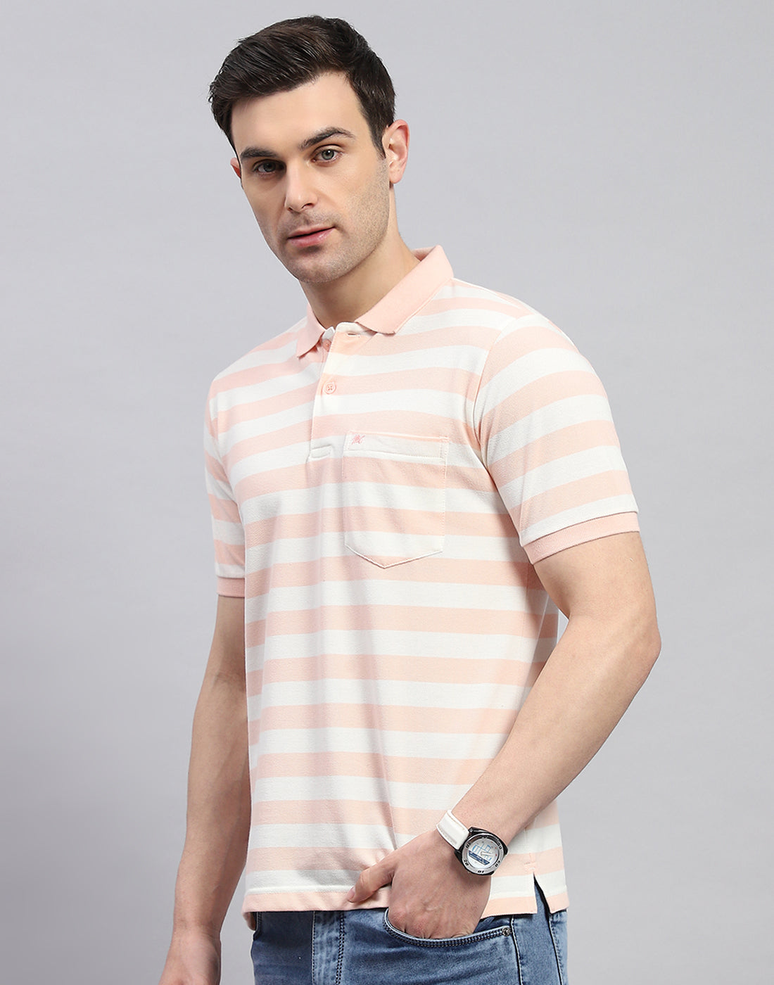 Men Pink Stripe Polo Collar Half Sleeve T-Shirt