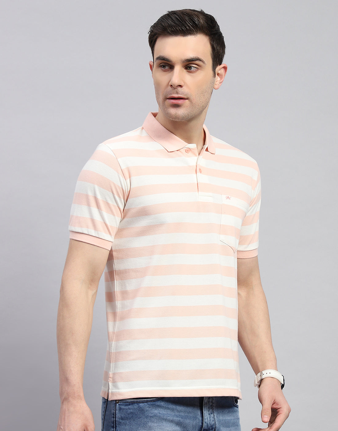 Men Pink Stripe Polo Collar Half Sleeve T-Shirt