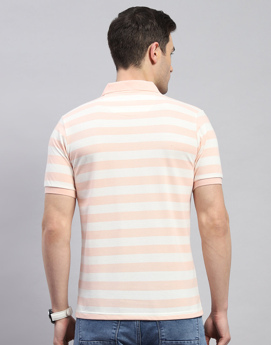 Men Pink Stripe Polo Collar Half Sleeve T-Shirt