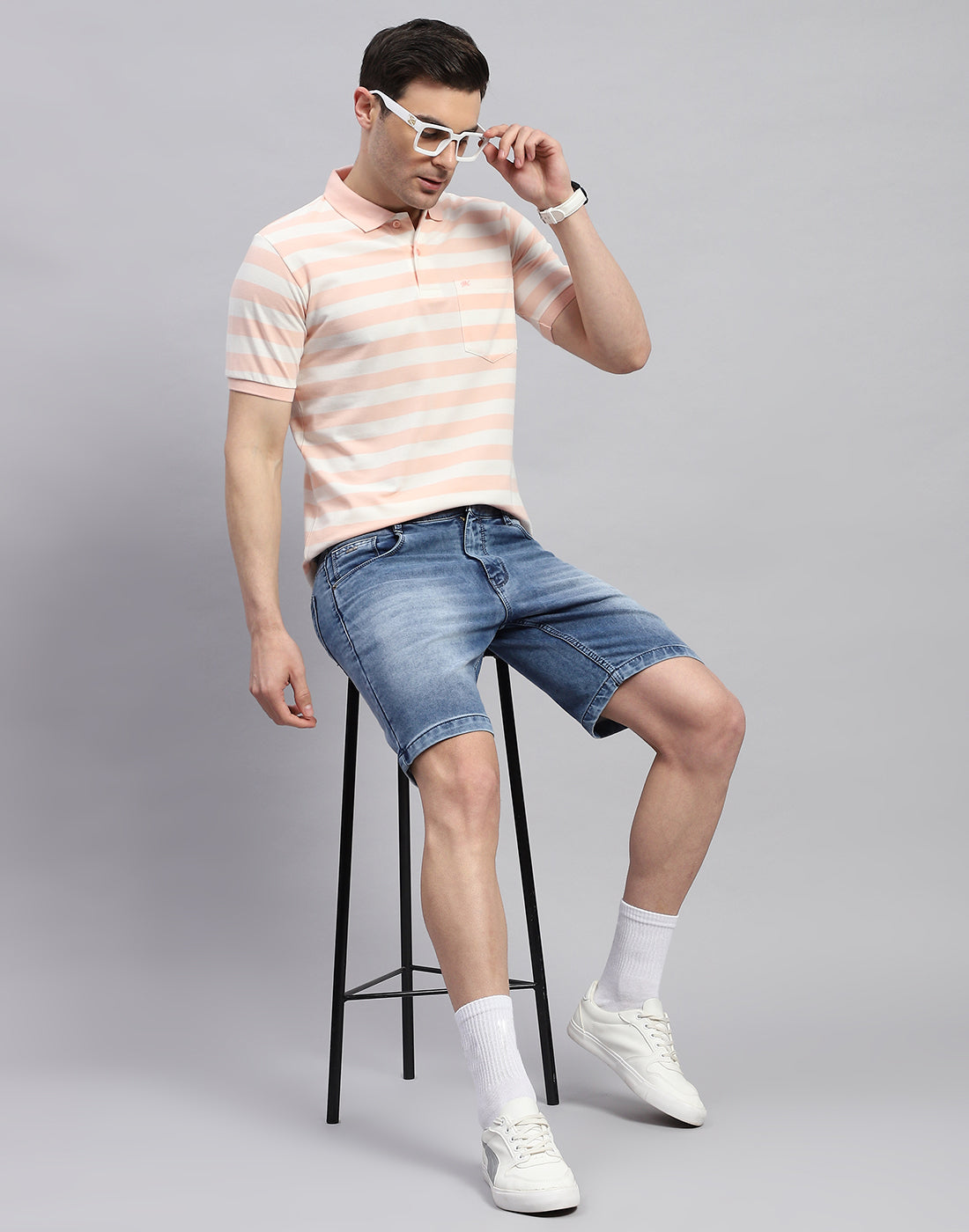 Men Pink Stripe Polo Collar Half Sleeve T-Shirt