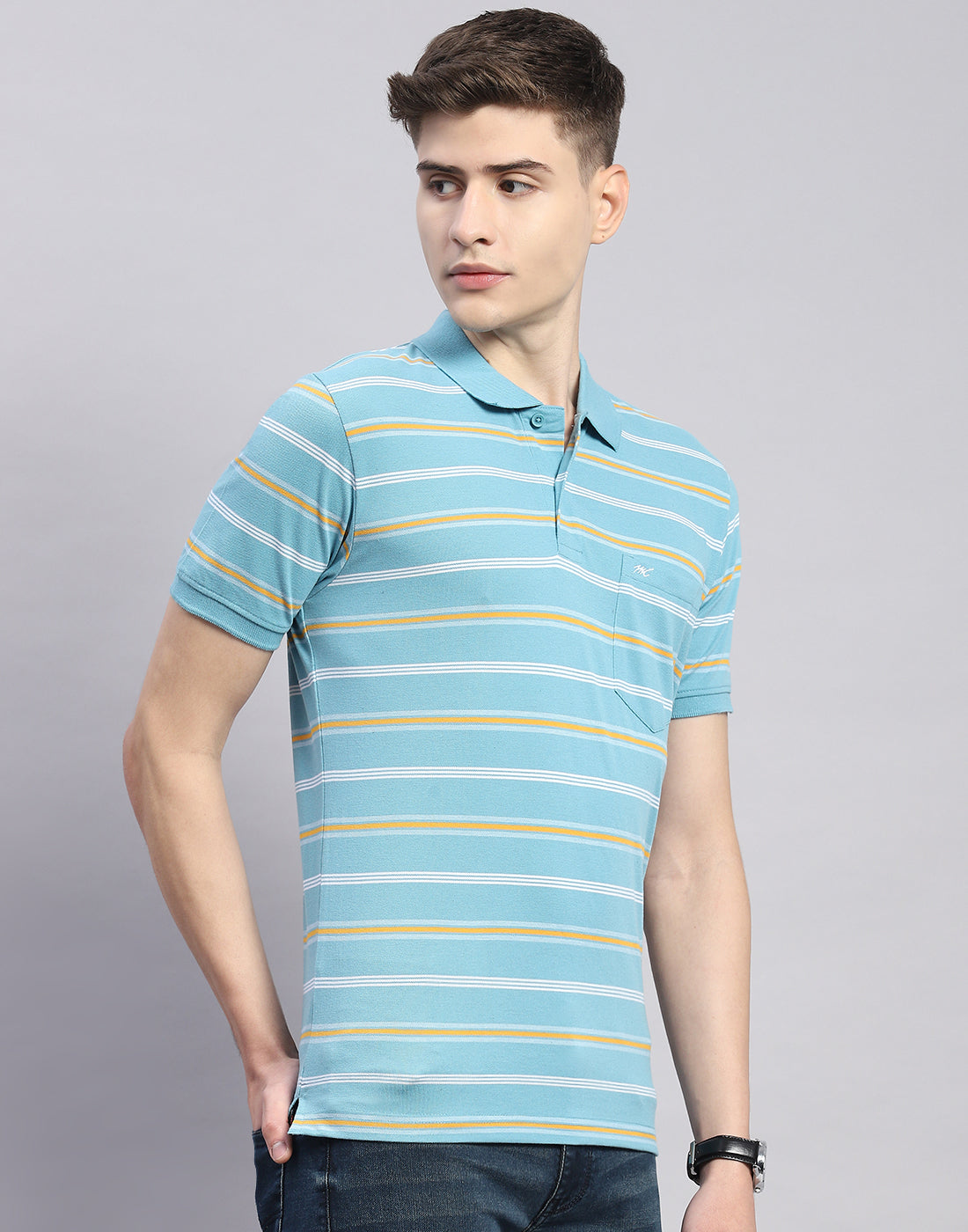 Men Blue Stripe Polo Collar Half Sleeve T-Shirt