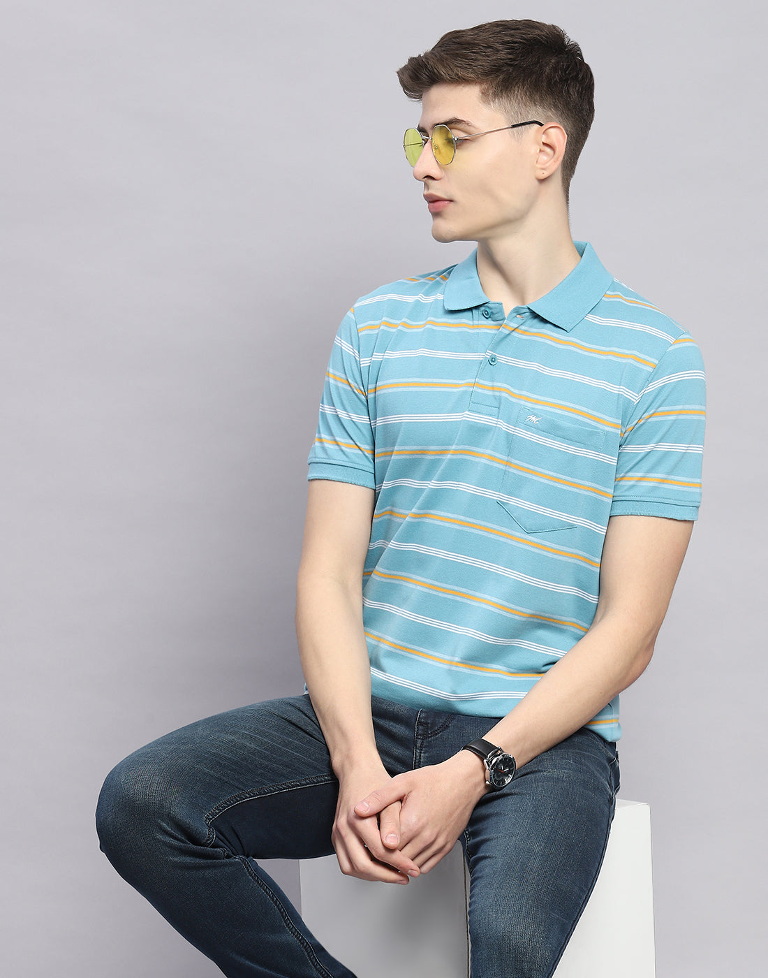 Men Blue Stripe Polo Collar Half Sleeve T-Shirt