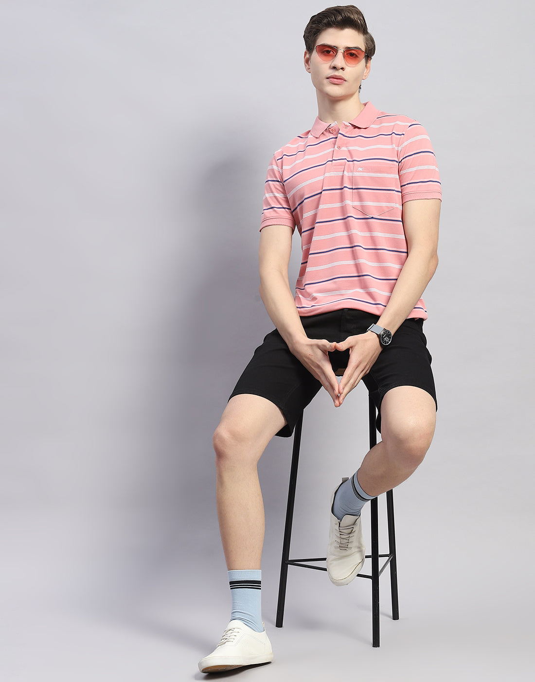 Men Pink Stripe Polo Collar Half Sleeve T-Shirt