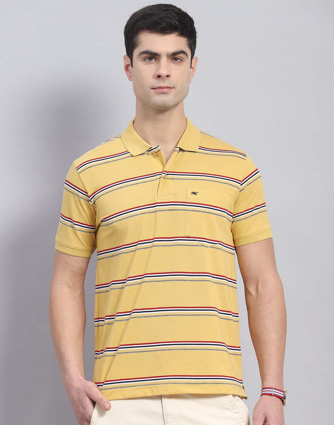 Men Yellow Stripe Polo Collar Half Sleeve T-Shirt