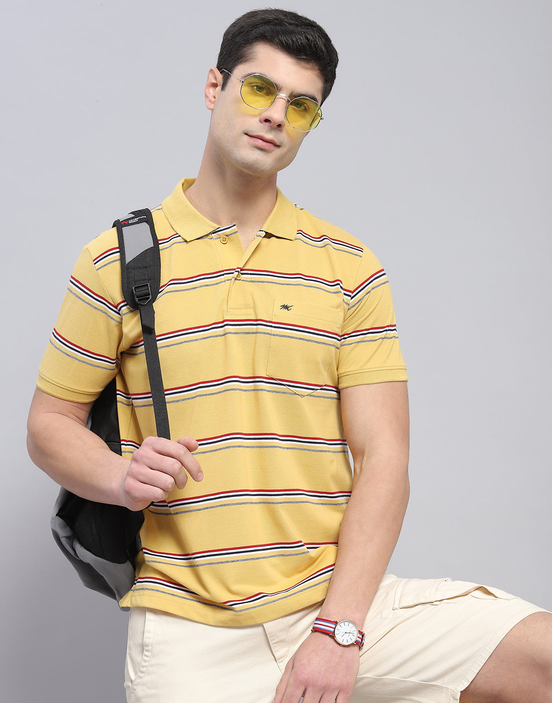 Men Yellow Stripe Polo Collar Half Sleeve T-Shirt