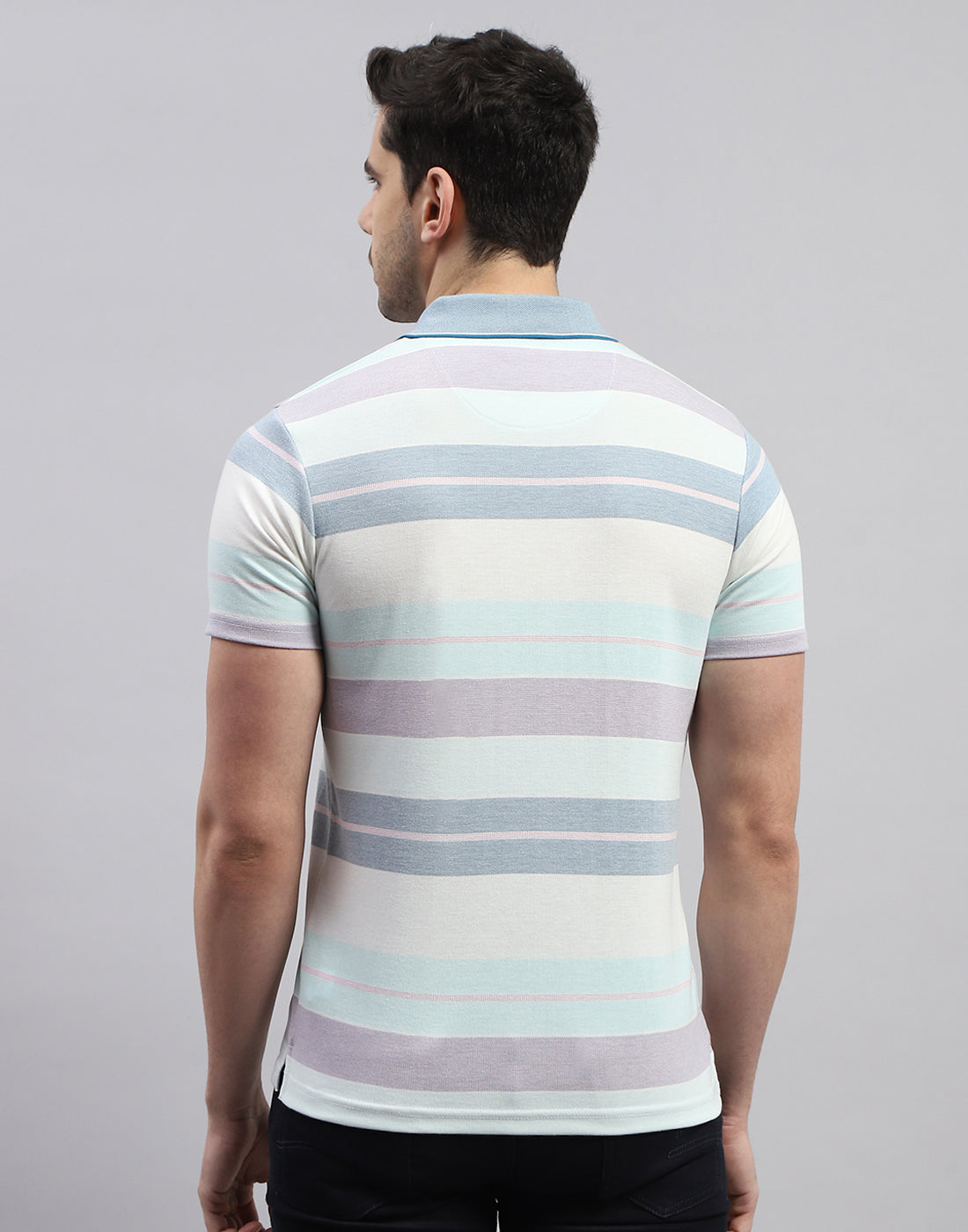 Men Blue Stripe Polo Collar Half Sleeve T-Shirt