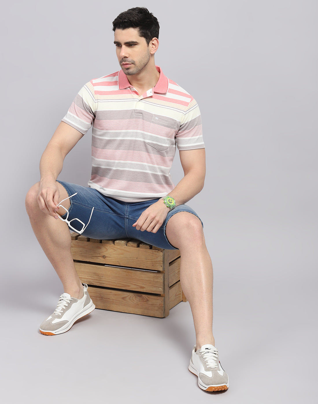 Men Pink Stripe Polo Collar Half Sleeve T-Shirt