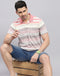 Men Pink Stripe Polo Collar Half Sleeve T-Shirt