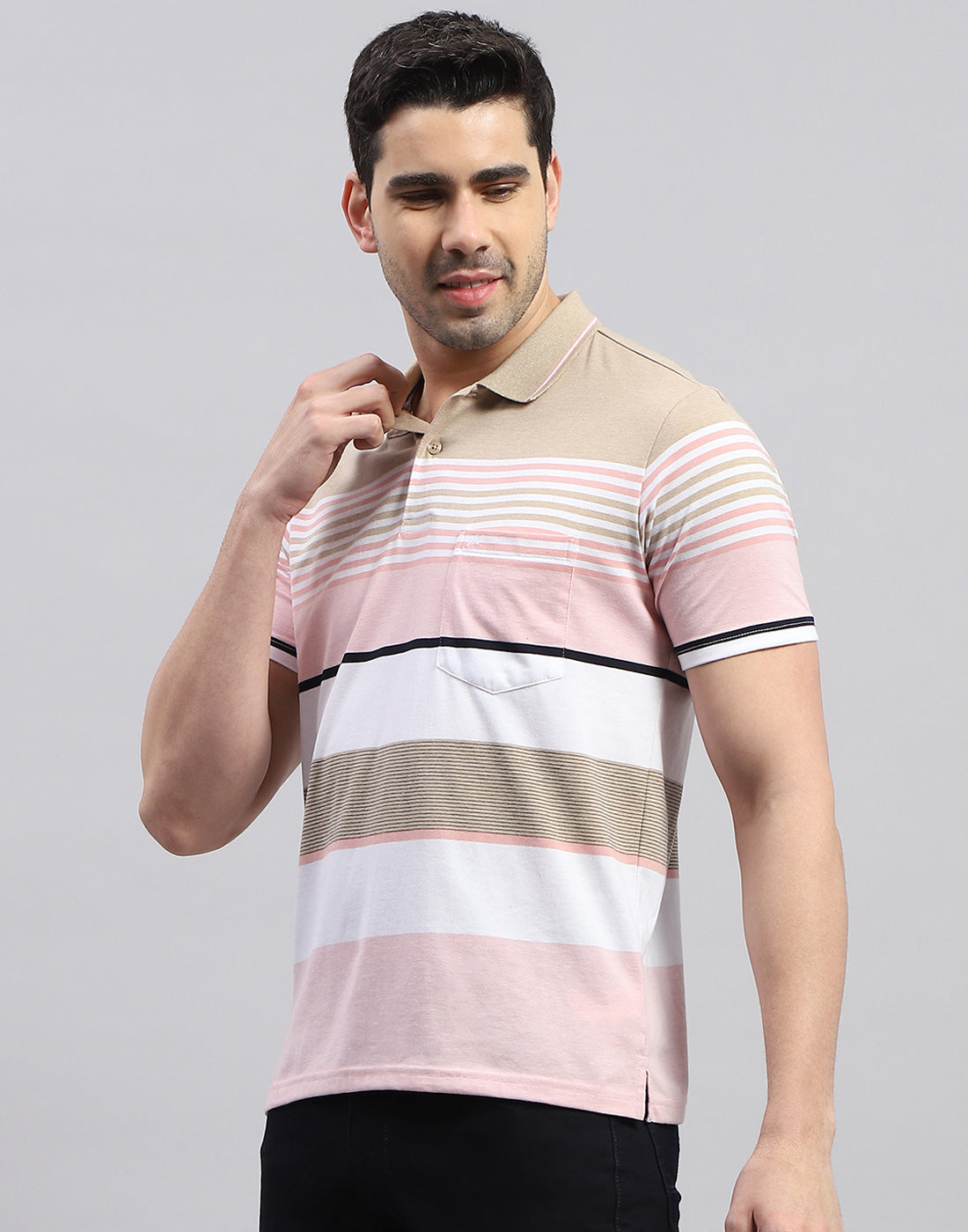 Men Pink Stripe Polo Collar Half Sleeve T-Shirt