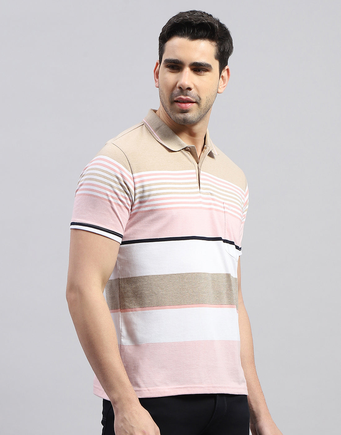 Men Pink Stripe Polo Collar Half Sleeve T-Shirt